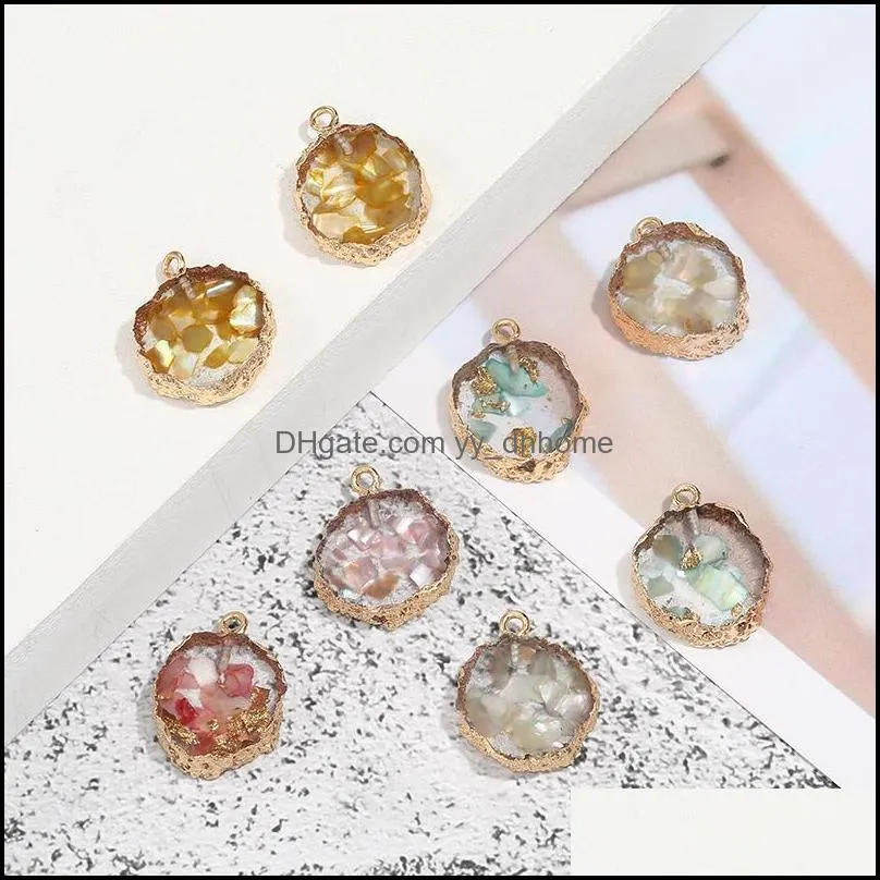 fashion resin round stone pendant charm natural gemstone shell sequins multi color pendant with gold plate diy jewelry making for