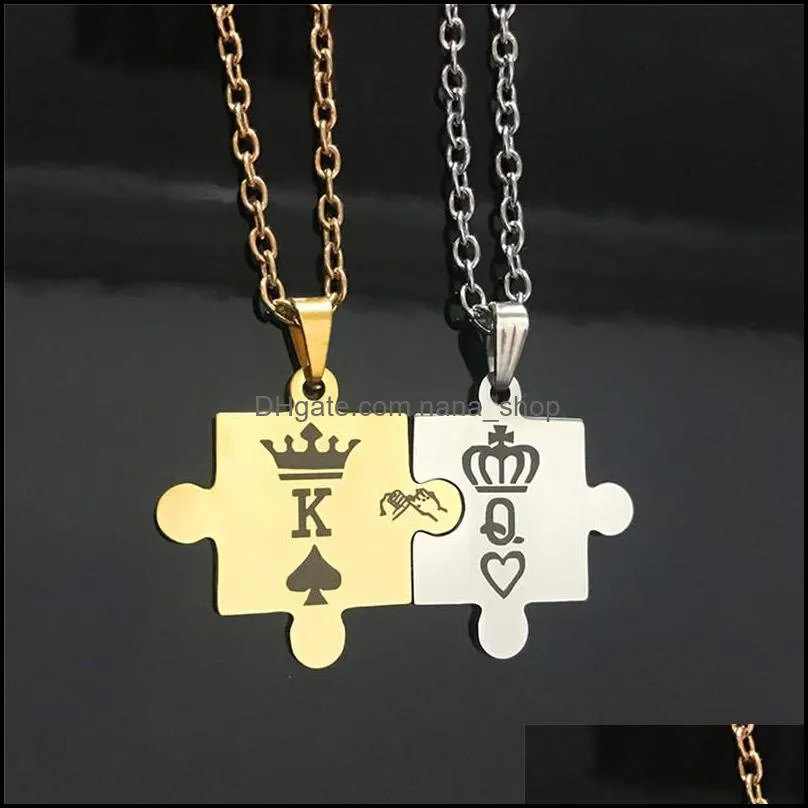 2pcs romantic k and q couple necklaces high quality splice stainless steel pendant gold silver color crown jewelry