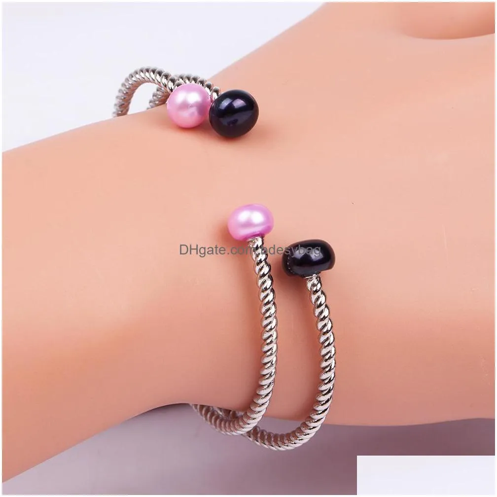 twist silver pearl bracelet double natural freshwater button pearls bangle opening size for women jewelry love wish gift