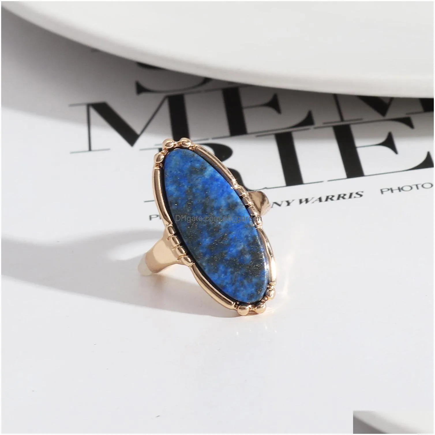 gold oval turquoise lapis lazuli blue natural stone rings fashion inner dia 1.7cm gold color band jewelry for women