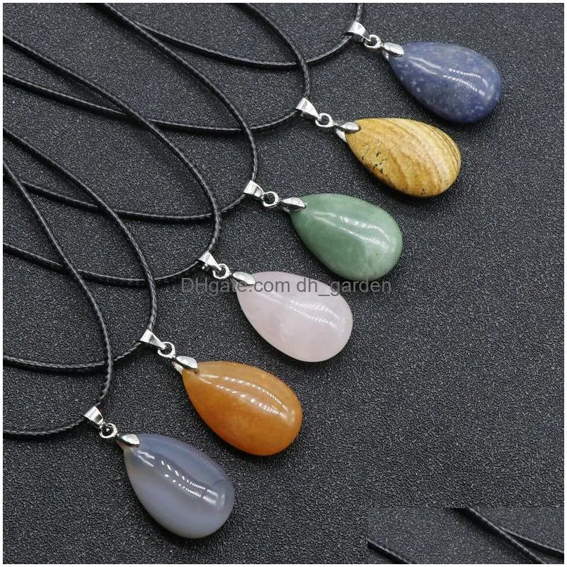 natural stone flat waterdrop shape pendant necklace jade quartz healing crystal rope chain collar for women fashion jewelry