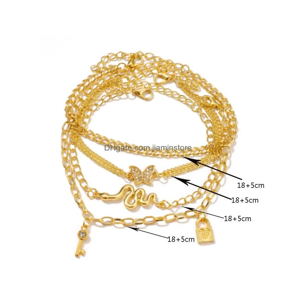 fashion jewelry multi layer anklet set key lock snake butterfly charms pendant chain anklets