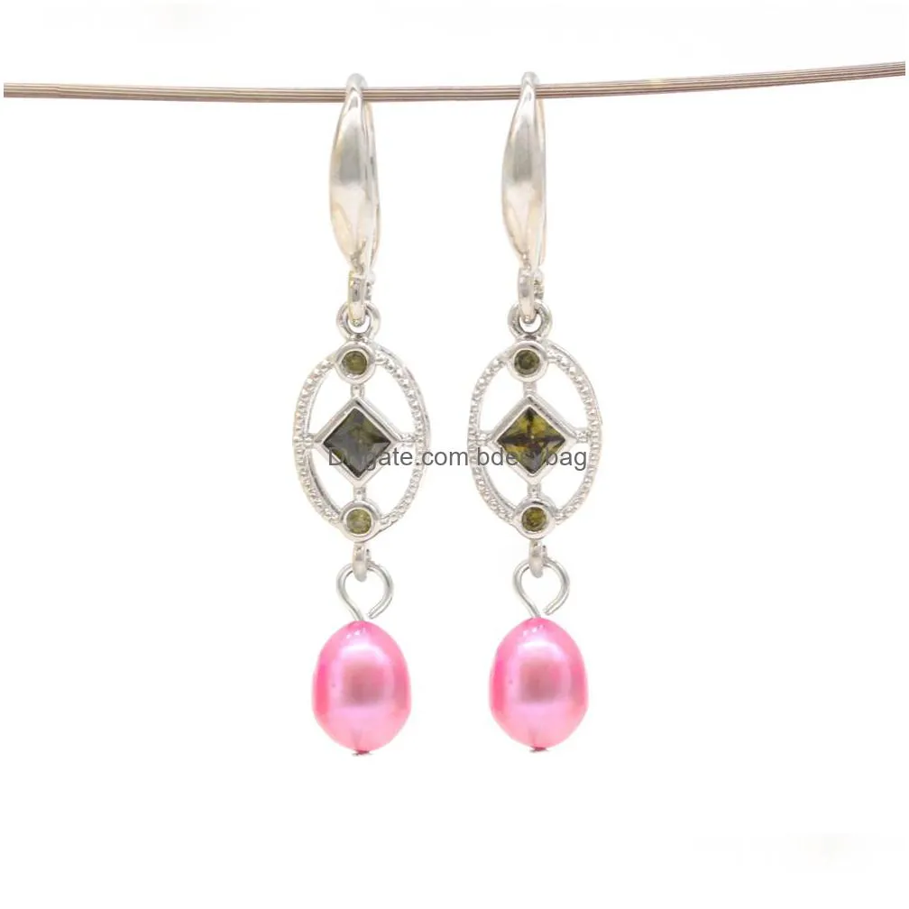 gem rhinestone drop earrings freshwater oval pearl earrings dyed color 78mm rice pearl hoop earring with zircon gem fashion jewelry