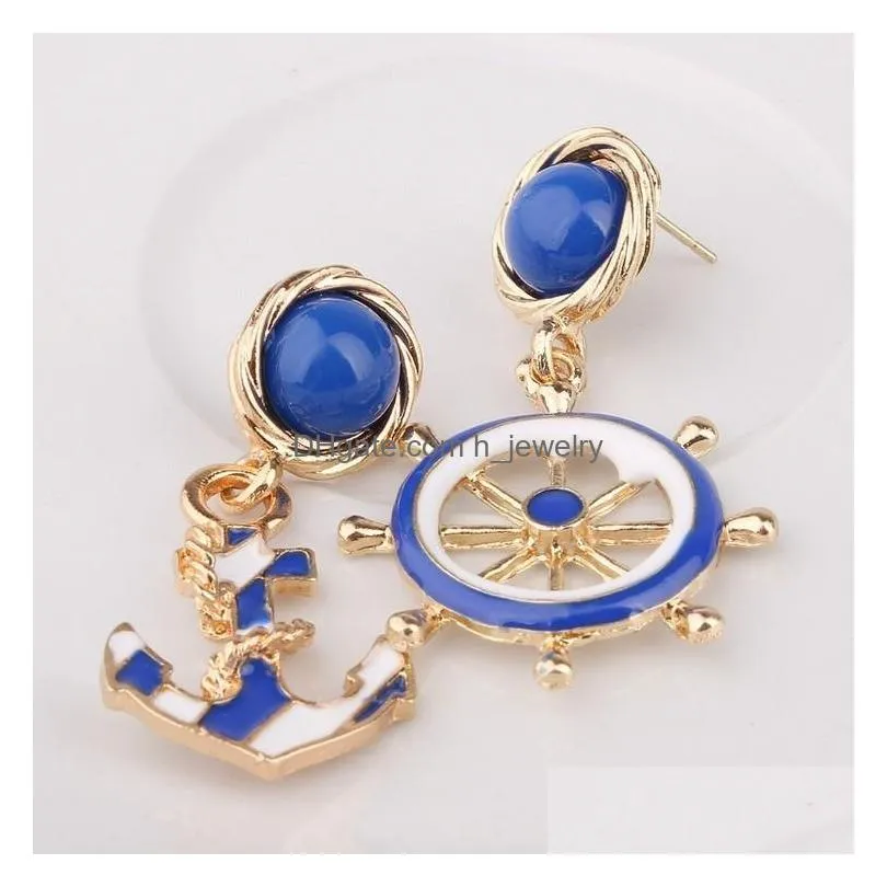 fashion jewelry womens blue sea anchor dangle stud earrings lady earrings