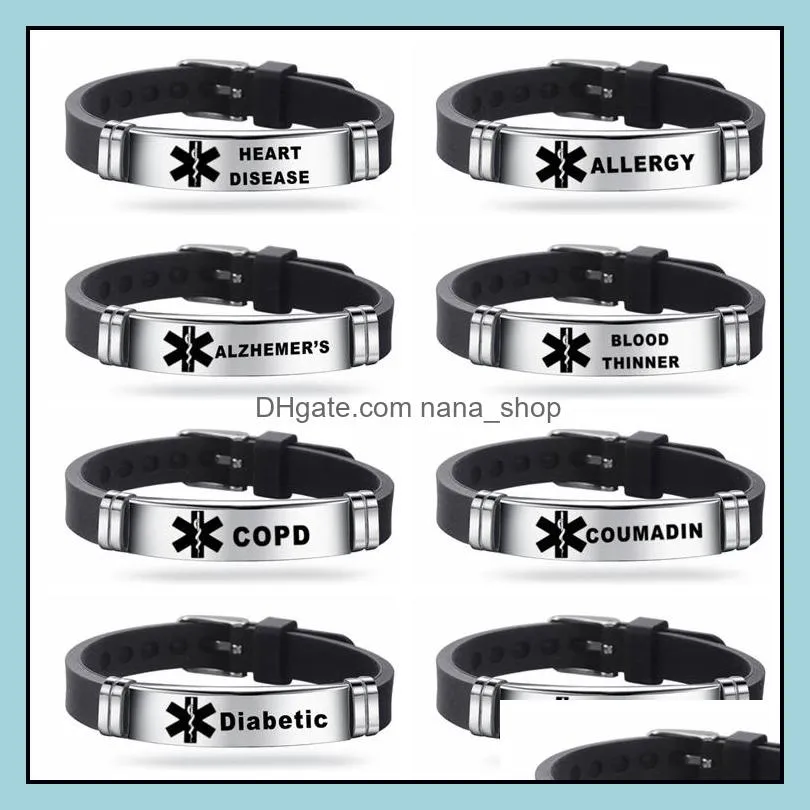 sport silicone medical alert id bracelets for men women diabetes serious illness emergency remind stainless steel engravable bracelet