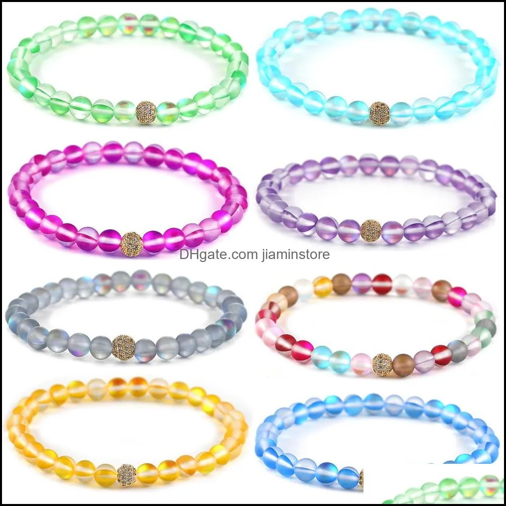  glass natural flash stone beaded bracelet for women men 12 colors moonstone dull polish frosted zircon micro paved beads charm