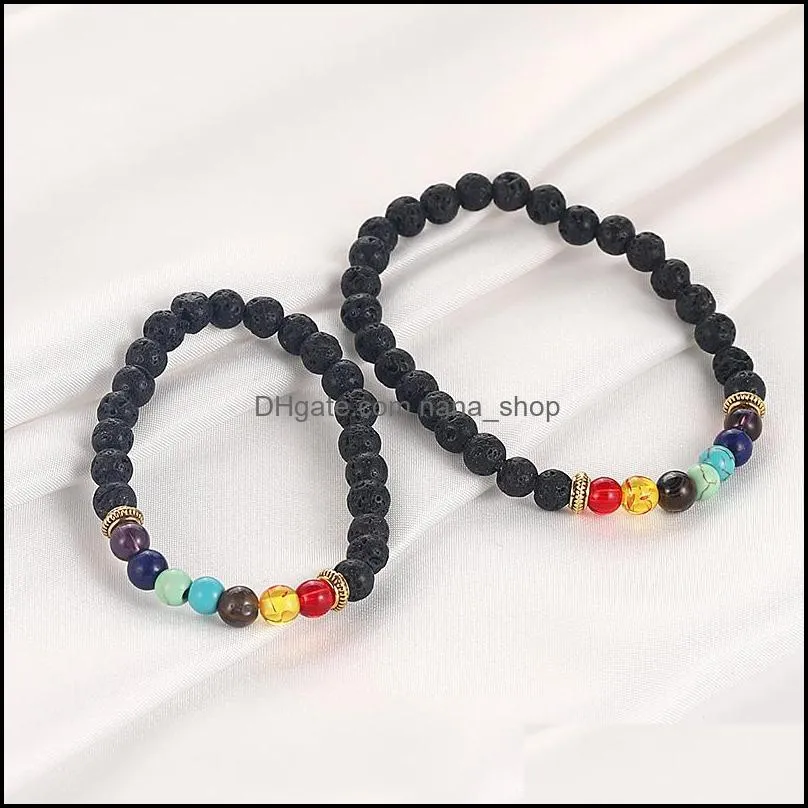 fashion natural black lava stone beads bracelet 6mm volcanic stone essential oil diffuser 7 chakras yaga bead bracelet for men women