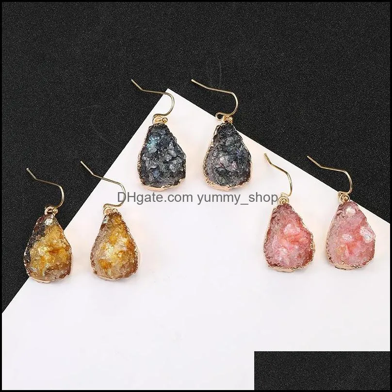  designer coloful handmade resin druzy natural stone dangle earrings for women gold plating waterdrop shape ear wedding jewelry