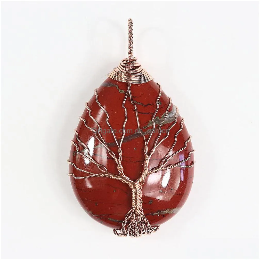 natural stone healing crystal tree of life charms waterdrop pendants rose quartz copper wire wrapped trendy jewelry making necklaces