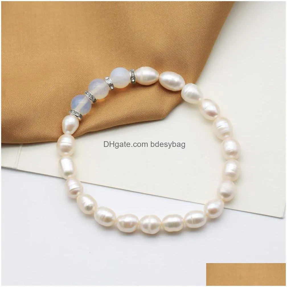 handmade freshwater cultured white rice pearl strand bracelet oval shape with three round gemstones stretched bangle for women jewelry love wish