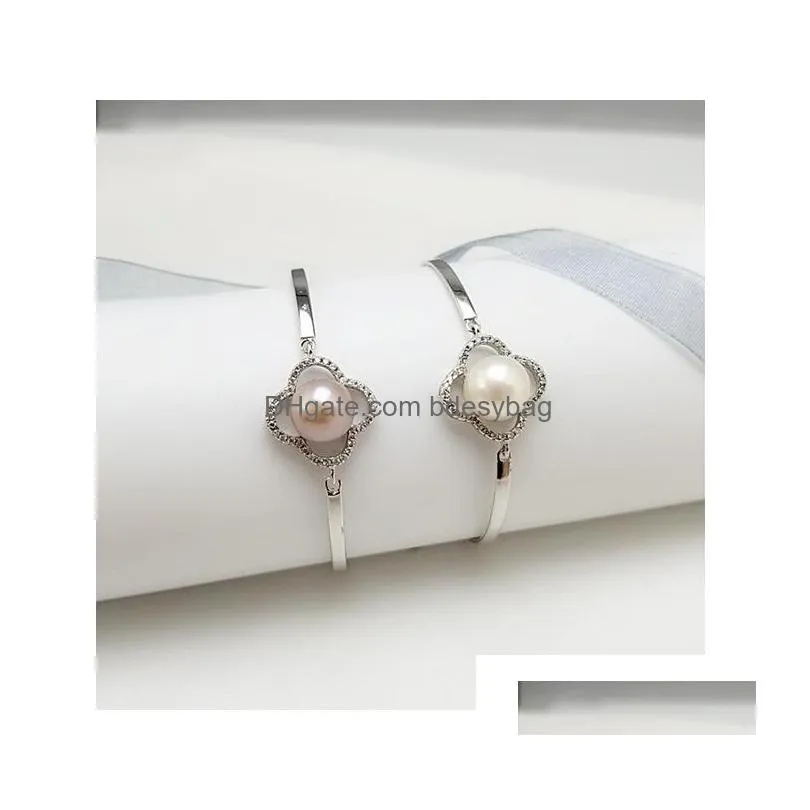 925 sterling silver pearl bracelet freshwater button pearl mounted rhinestone charm bangle love wish for women