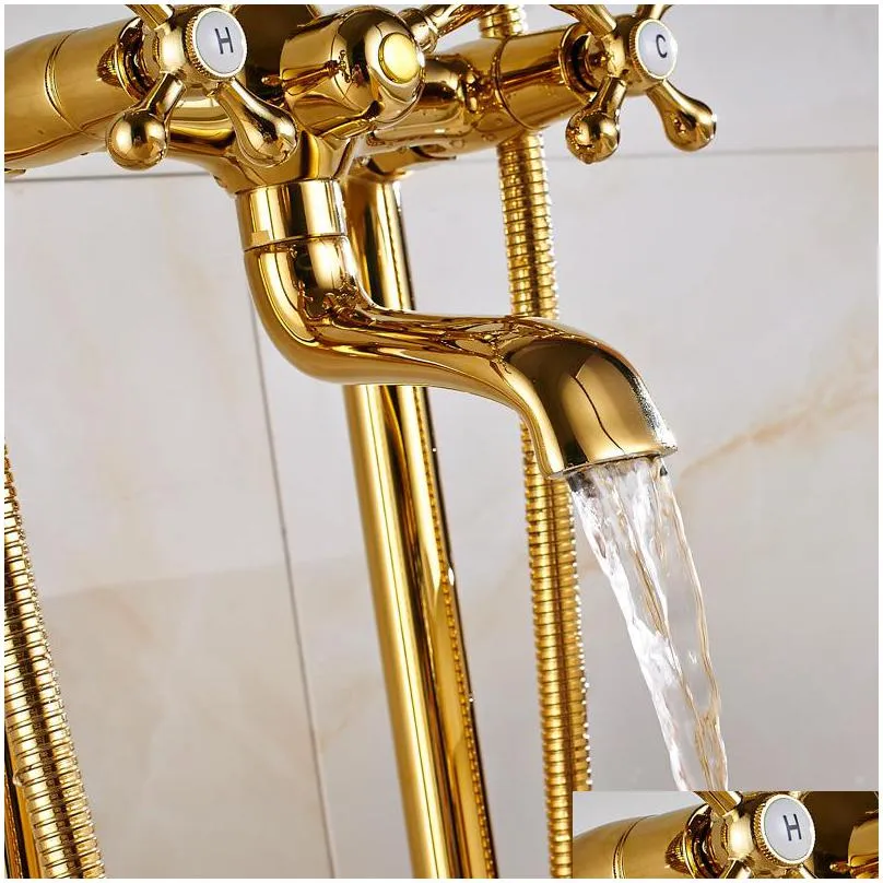 uythner gold floor mounted tub sink faucet dual handle bathroom bath shower set standing bathtub mixer tap with handshower
