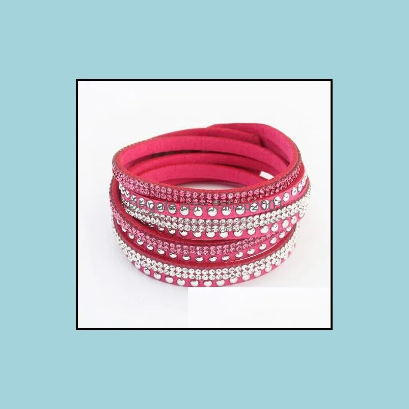  selling rhinestone crystal multilayer bracelets bangles flannel leather wrap bracelet wristbands for women snap button jewelry 40cm