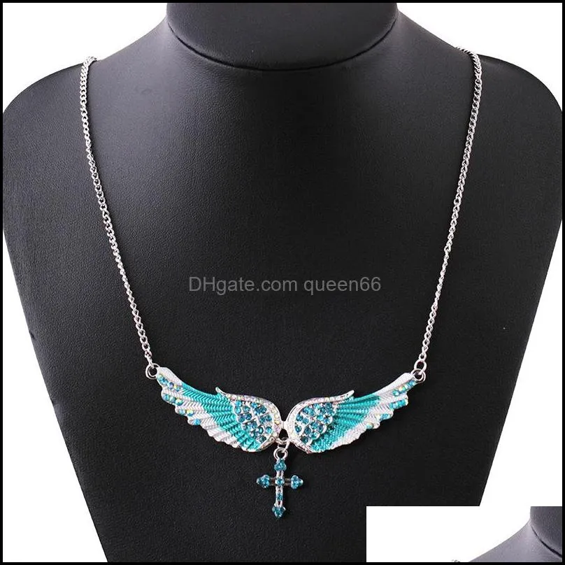 angel wing necklace ladies imitation crystal choker necklace guardian women biker crystal jewelry gifts her girl cross necklace