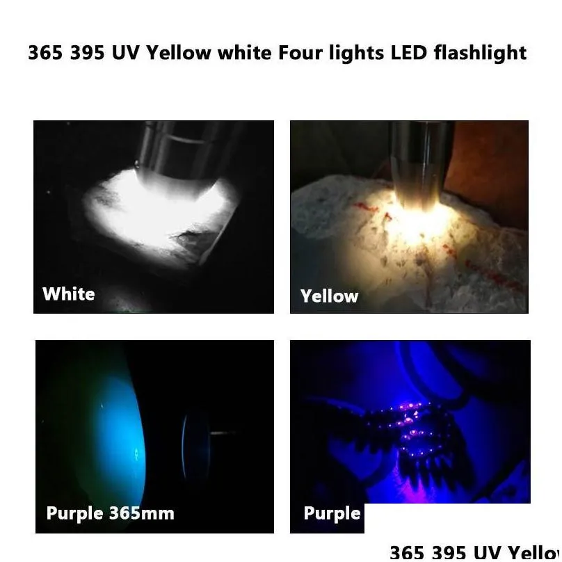 led flashlight uv led torches light four light source white yellow uv365 uv395 product identification black