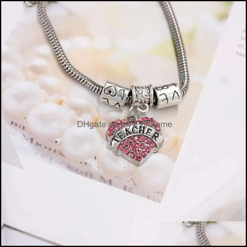  fashion jewelry pink white blue crystal heart teacher charm bracelet snake chain love beads bracelet teachers day gifts