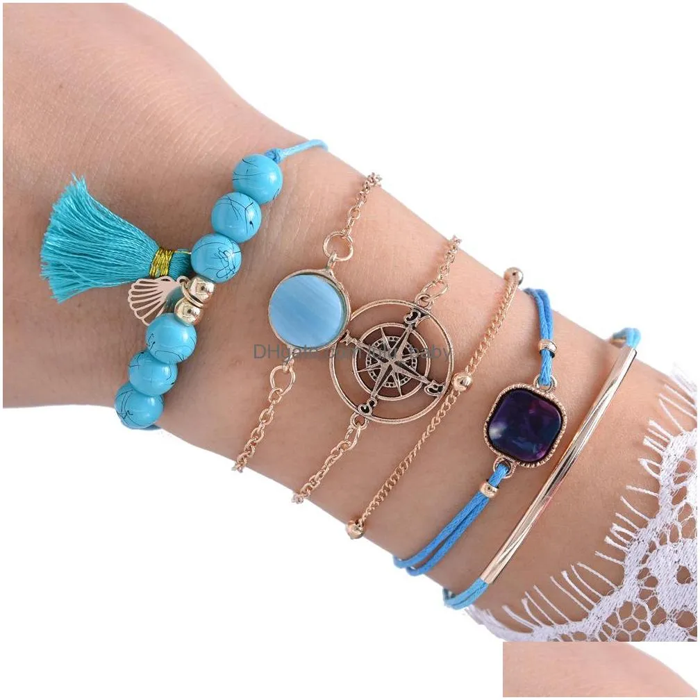 fashion jewelry vintage bracelet set geometric compass tassel beads chain bracelets 6pcs/set