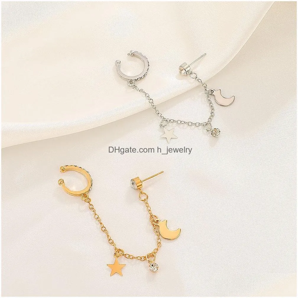 fashion jewelry single piece ear clip moon star stud earring tassel chain geometric earrings ear cuff
