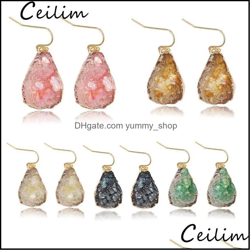  designer coloful handmade resin druzy natural stone dangle earrings for women gold plating waterdrop shape ear wedding jewelry