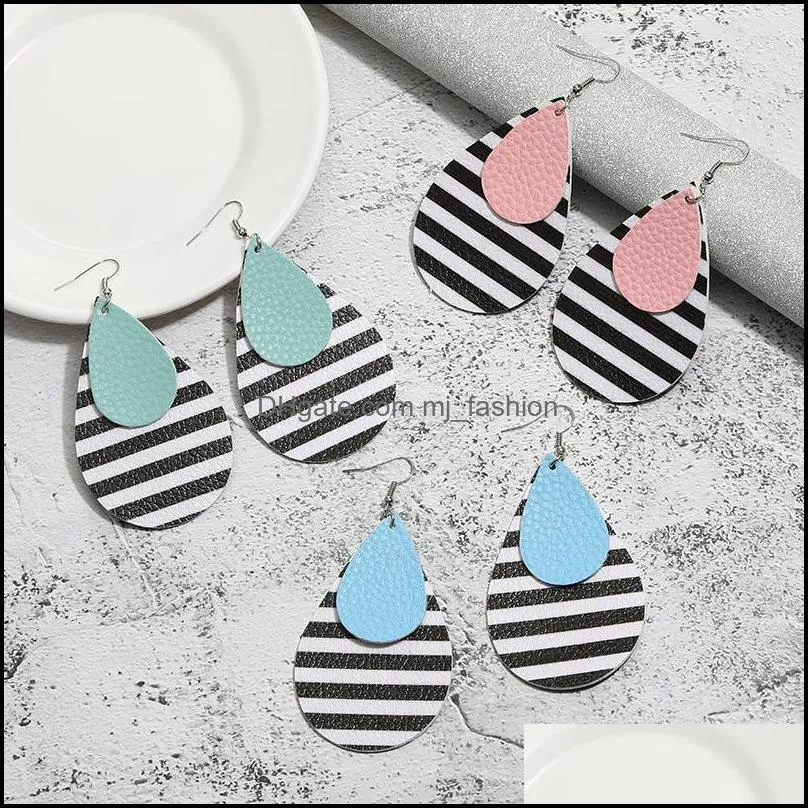 fashion women colorful pu leather earrings black and white stripes waterdrop double layer drop earring designer jewelry christmas gift