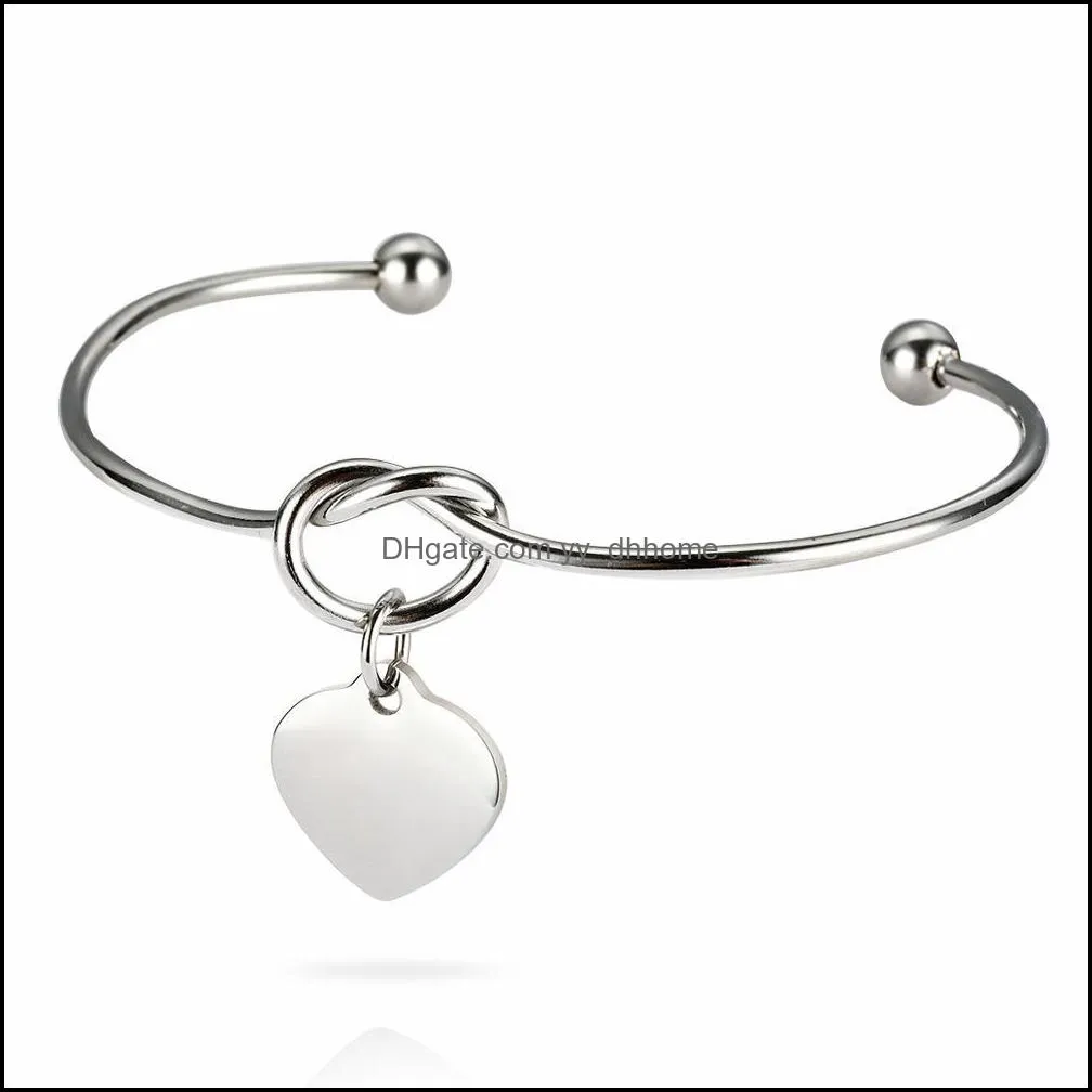  stainless steel knot bracelets bangles high polished heart charm bracelet love bangles can engrave name diy jewelry for women