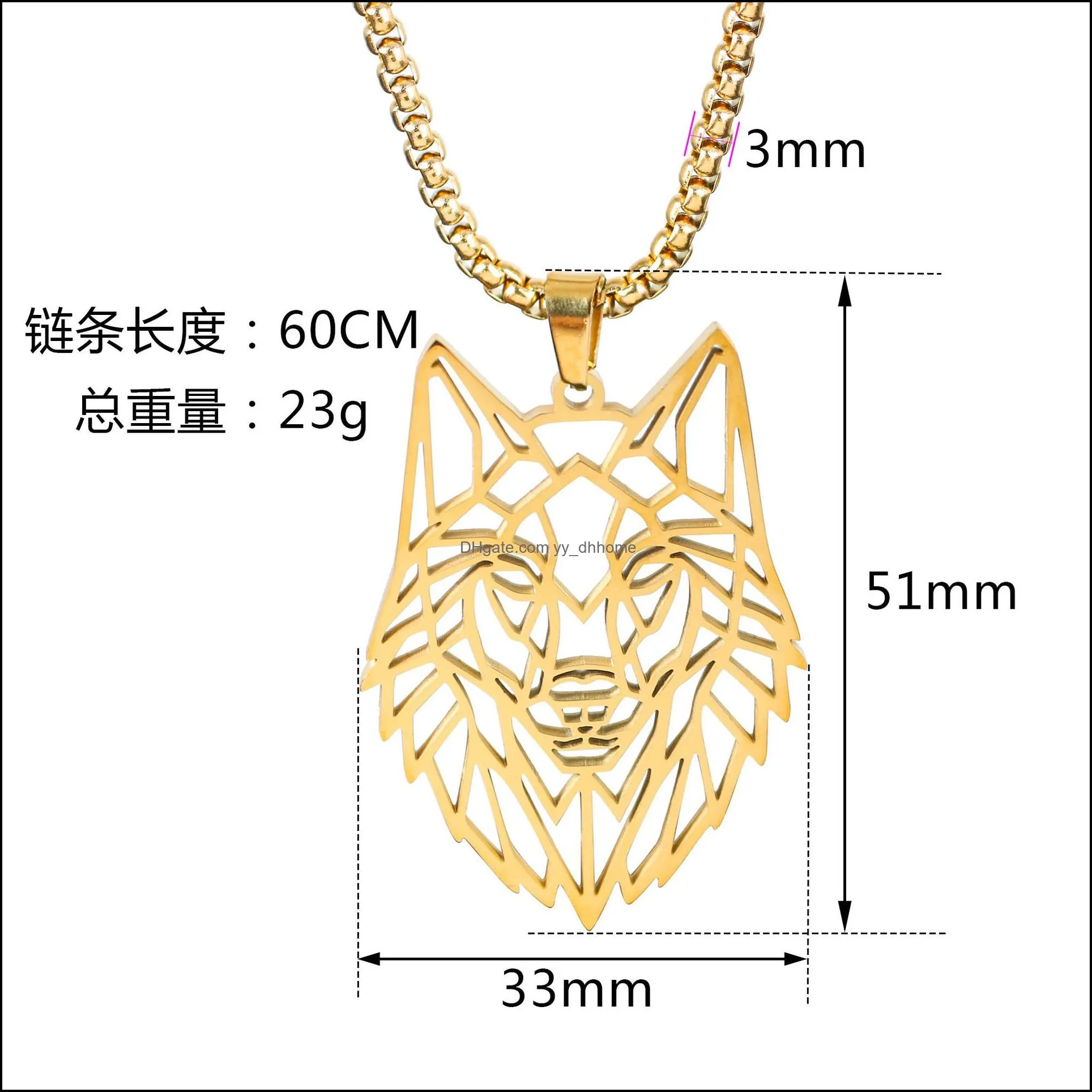 hollow wolf head pendant necklace for men personality punk style stainless steel jewelry