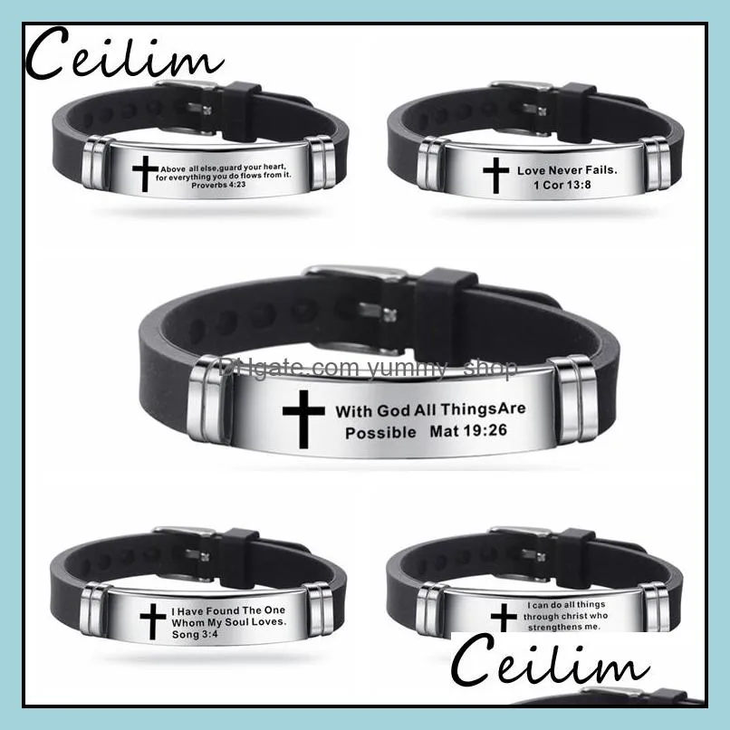  design bible verse bracelets for men silicone bibles quotes christian prayer cross bangle stainless steel bracelet