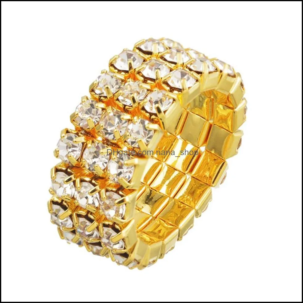 fashion rows colorful crystal rhinestone adjustable rings sparkling shiny 3 rows elastic ring for women bridal wedding jewelry