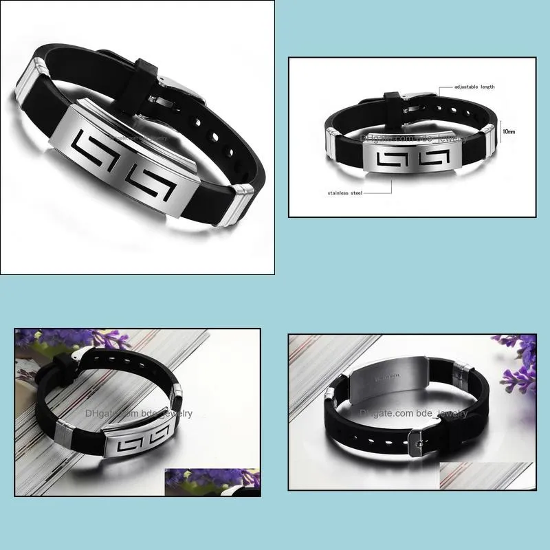 bracelet bangle charm bracelets mens black punk rubber beautifully stainless steel wristband clasp cuff bangle bracelet