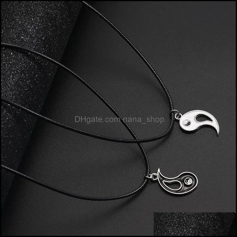 unique design splice gossip tai chi yin yang necklaces for women leather rope pendant black white friendship couple christmas valentine