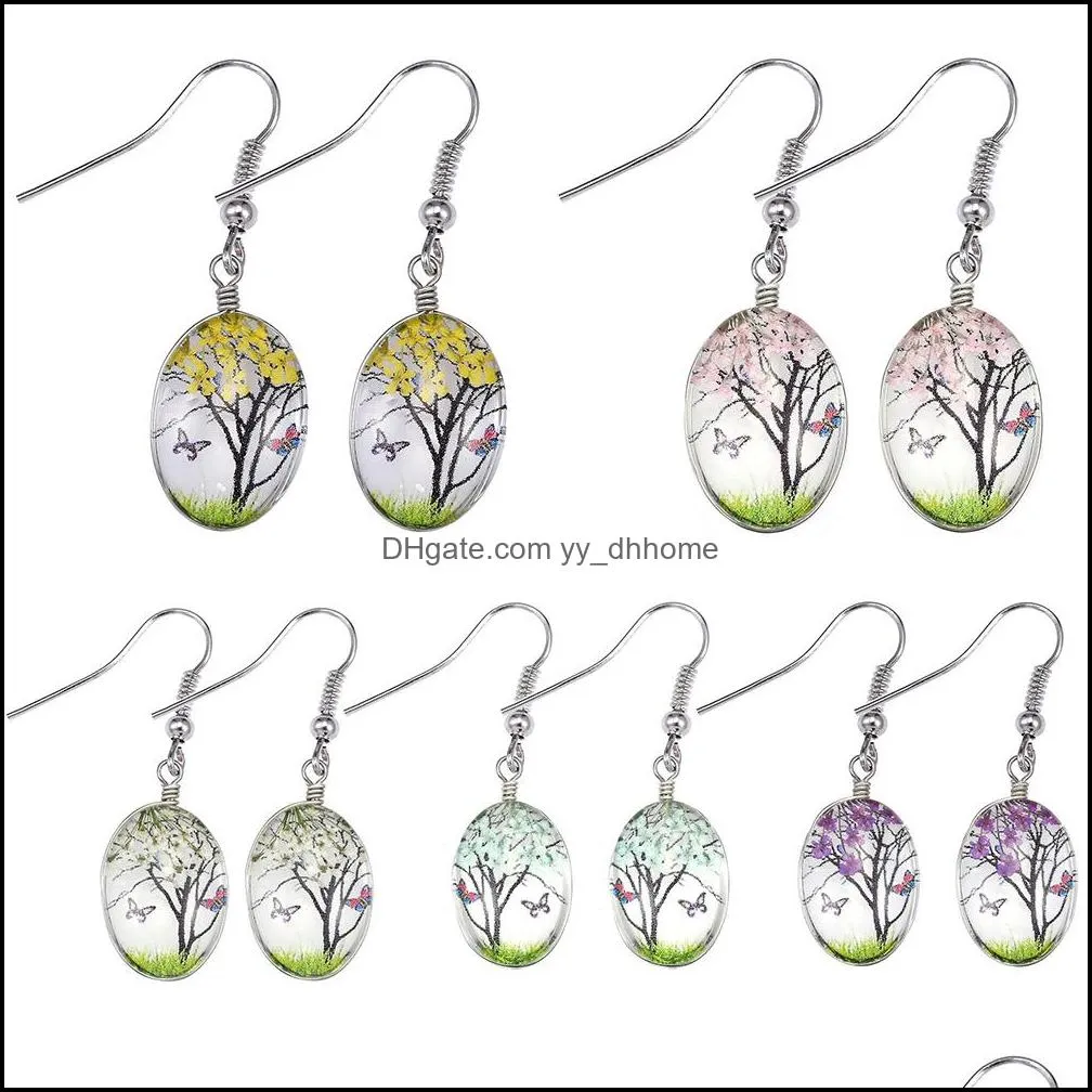 fashion  dried flower charms earrings life trees dangle earring glass oval ball drop ear creative jewelry gift