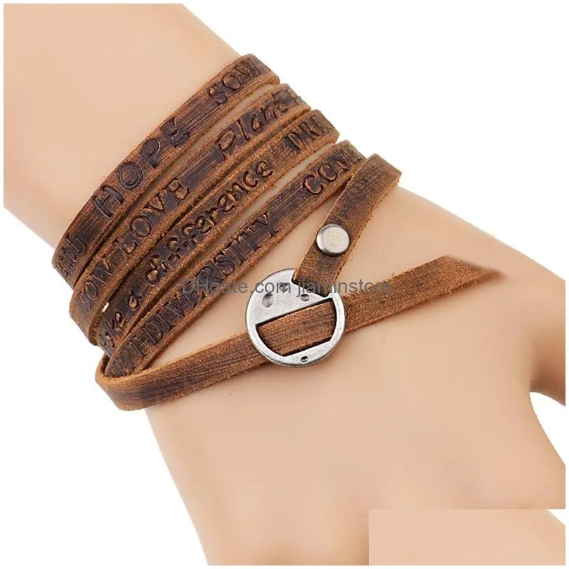 fashion jewelry buckle multilayer genuine leather wrap bracelet dream love peace be inspirational leather bracelet