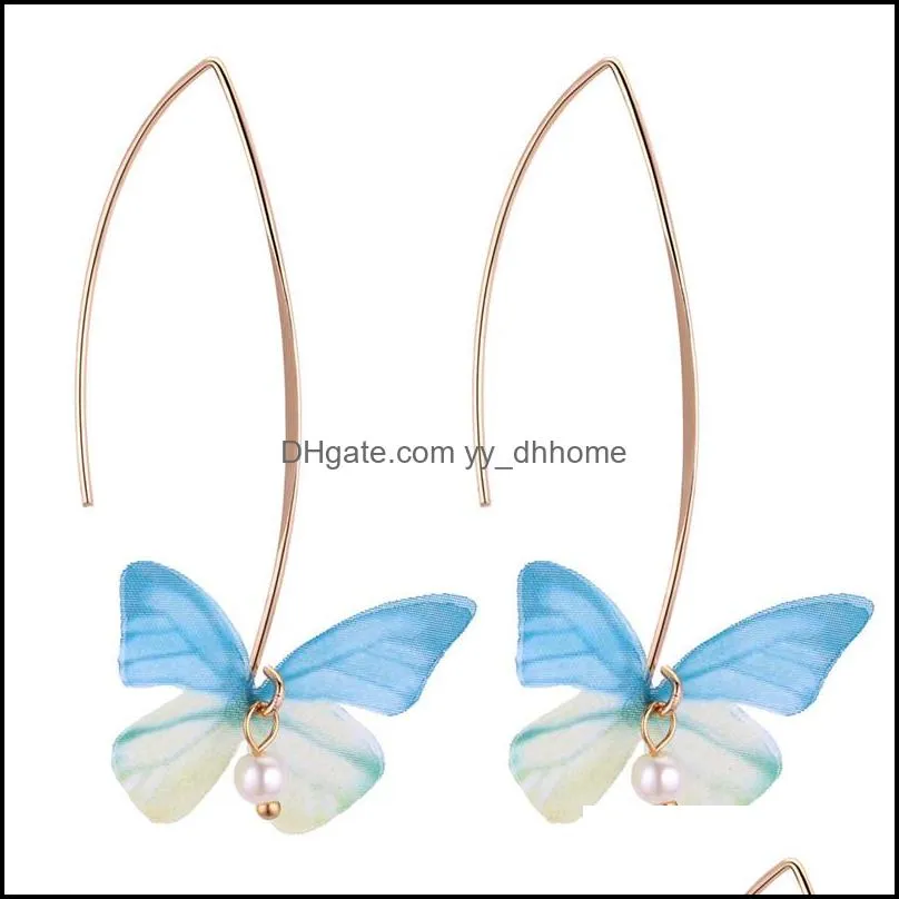 fashion chiffon butterfly earrings imitation pearls big hook earrings tulle wings female long dangle earrings for women girls wholesale
