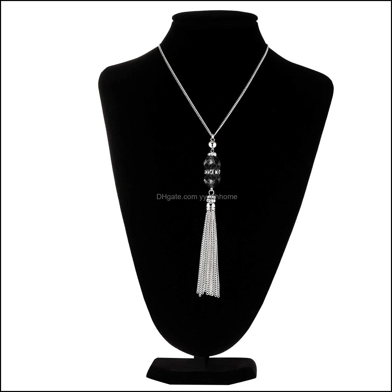  crystal bead sweater chain necklace for women fashion silver color tassel pendant long statement necklaces jewelry