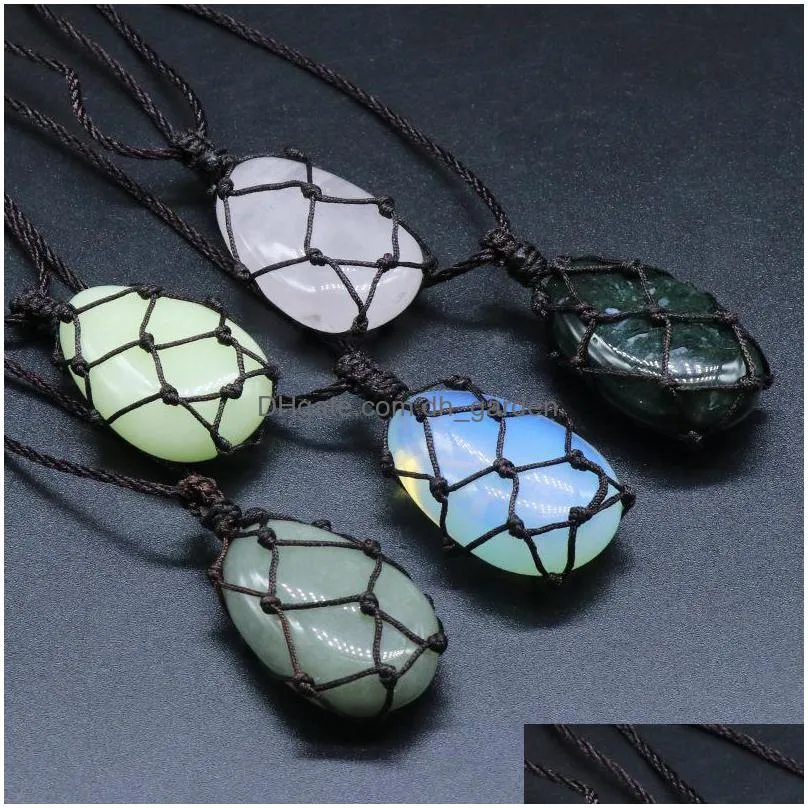 healing crystal oval natural stone pendant weave net bag charms green pink crystal opal rope chain necklaces wholesale christmas jewelry