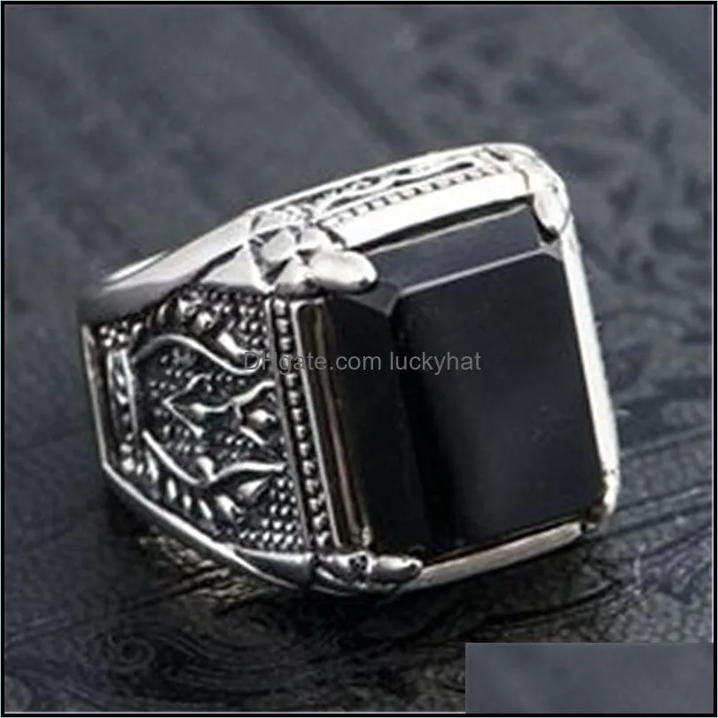 rings for men retro classic thai silver dark soul ring imitation black agate open men ring trend fourclaw gemstone mens ring jewelry luckyhat