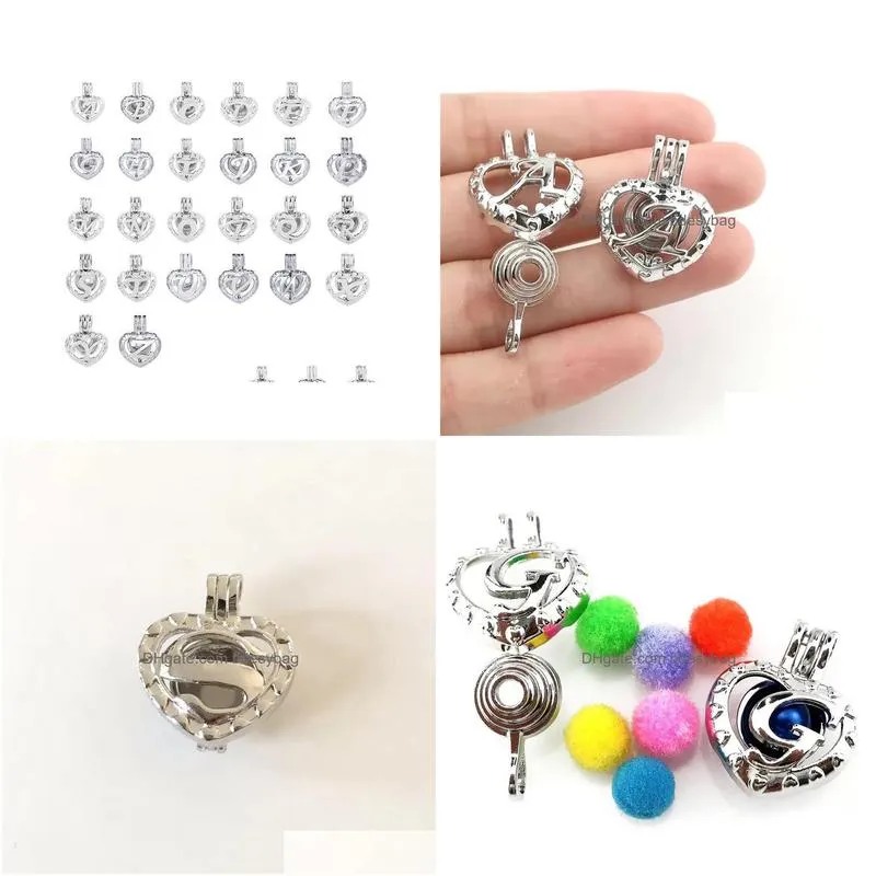 26pcs letter cage pendants 18k gp love wish pearl bead hollow lockets for jewelry making charms 100pcs/lot