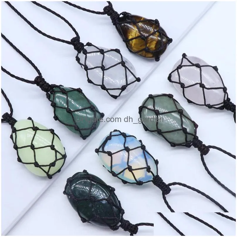 healing crystal oval natural stone pendant weave net bag charms green pink crystal opal rope chain necklaces wholesale christmas jewelry