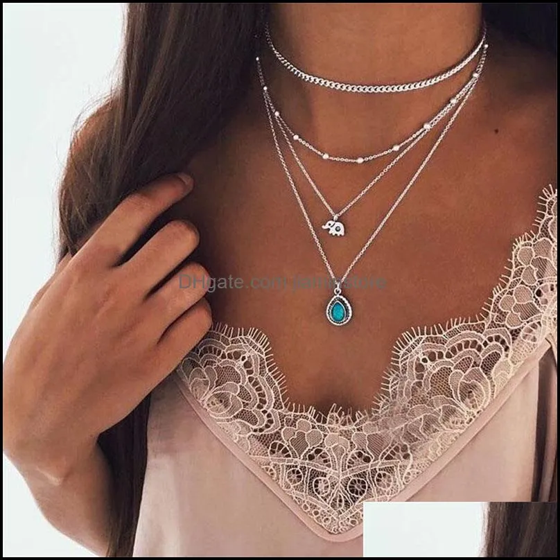 fashion minimalist choker necklace for women elephant turquoise charm pendant necklace boho jewelry long statement multilayer