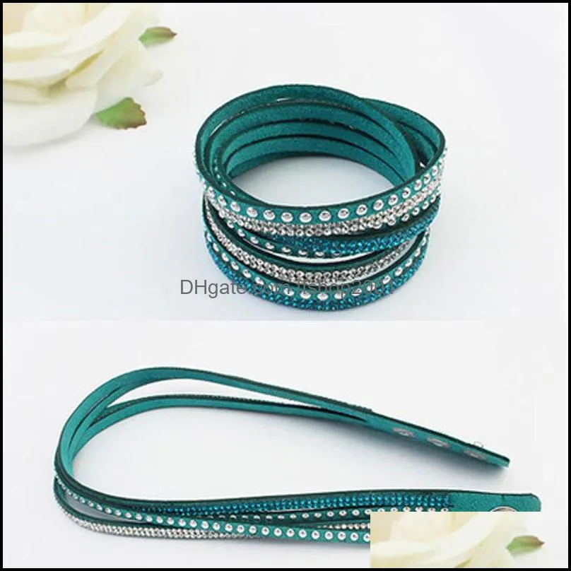  selling rhinestone crystal multilayer bracelets bangles flannel leather wrap bracelet wristbands for women snap button jewelry 40cm