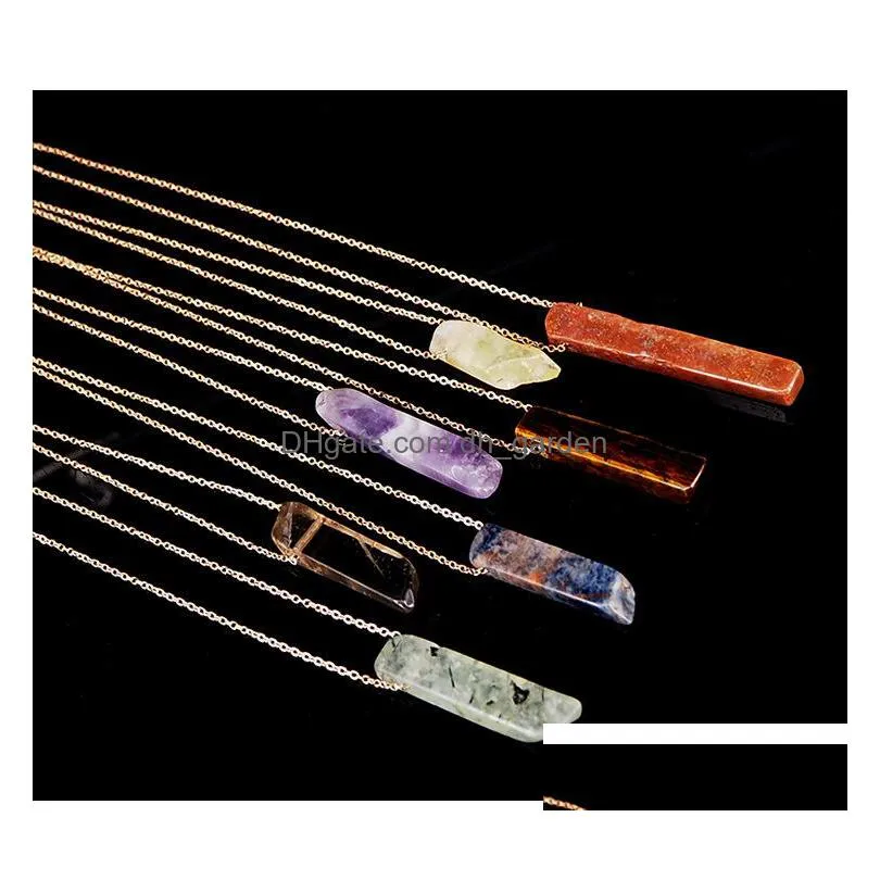 natural stone strip bar necklace rose red blue amethyst crystal green aventurine rectangle stainless steel necklace for women men