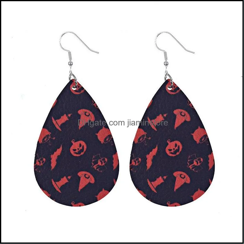 halloween pu leather earrings for women doublesided pattern drop dangle earrings skeleton spider fashion party jewelry