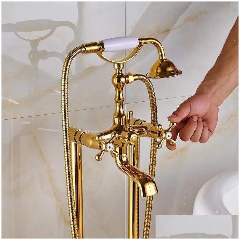 uythner gold floor mounted tub sink faucet dual handle bathroom bath shower set standing bathtub mixer tap with handshower