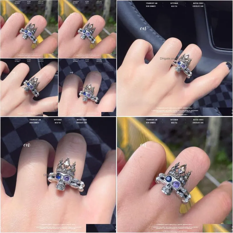 fashion jewelry copper silver plated king skull ring for women light luxury niche design blue purple zircon skulls rings