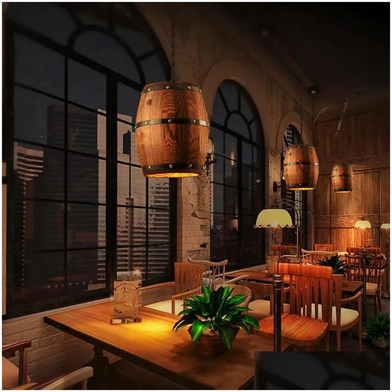 1pcs wood wine barrel hanging fixture pendant lighting cafe restaurant barrel lamp bar cafe lights dining room