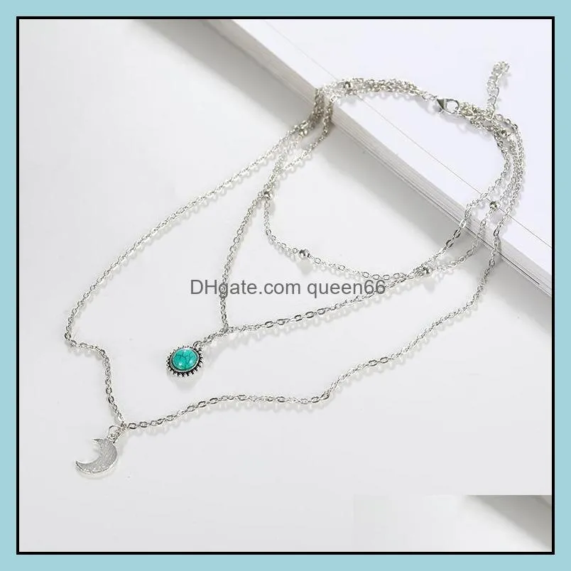 designed for crossborder jewelry loose stone moon three multilayer necklace retro sweater chain inlaid diamond