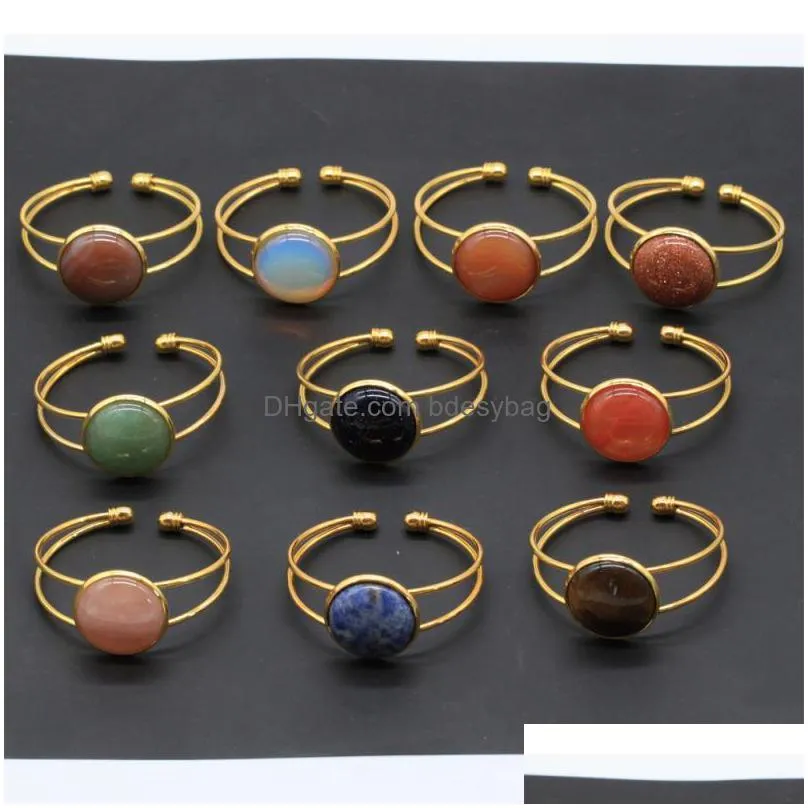 10pcs different handmade gemstone bangles round agate quazt stone opening silver gold copper bracelets for women jewelry love wish