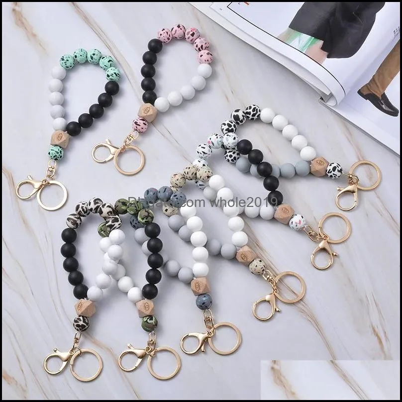 silicone keychain wooden beads key chains leopard printing circle keyring multicolor women jewelry c3