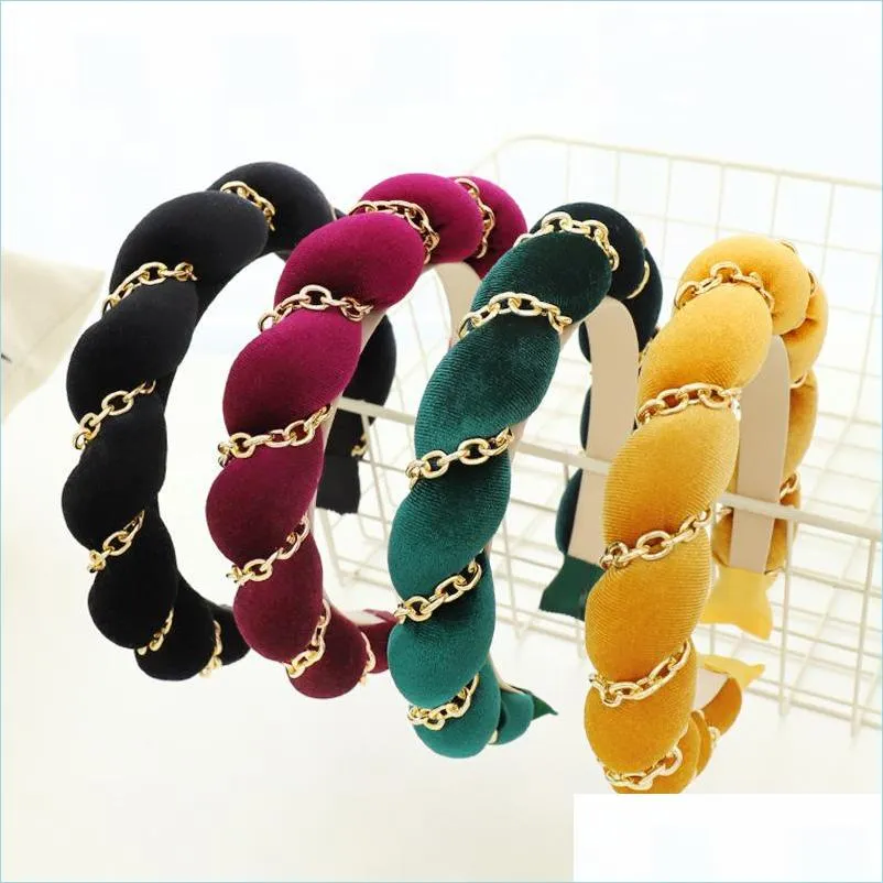 2022 fashion womens candy color hairband thickened sponge headband alloy chain braid turban individuality hair accessories c3