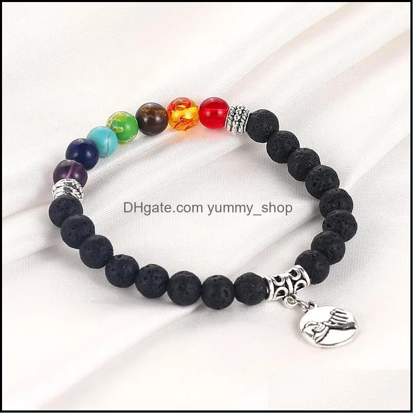 fashion 6mm 7 chakras lava stone beads bracelet bee heart love friendship elephant angel charms yaga bead bracelet for men women